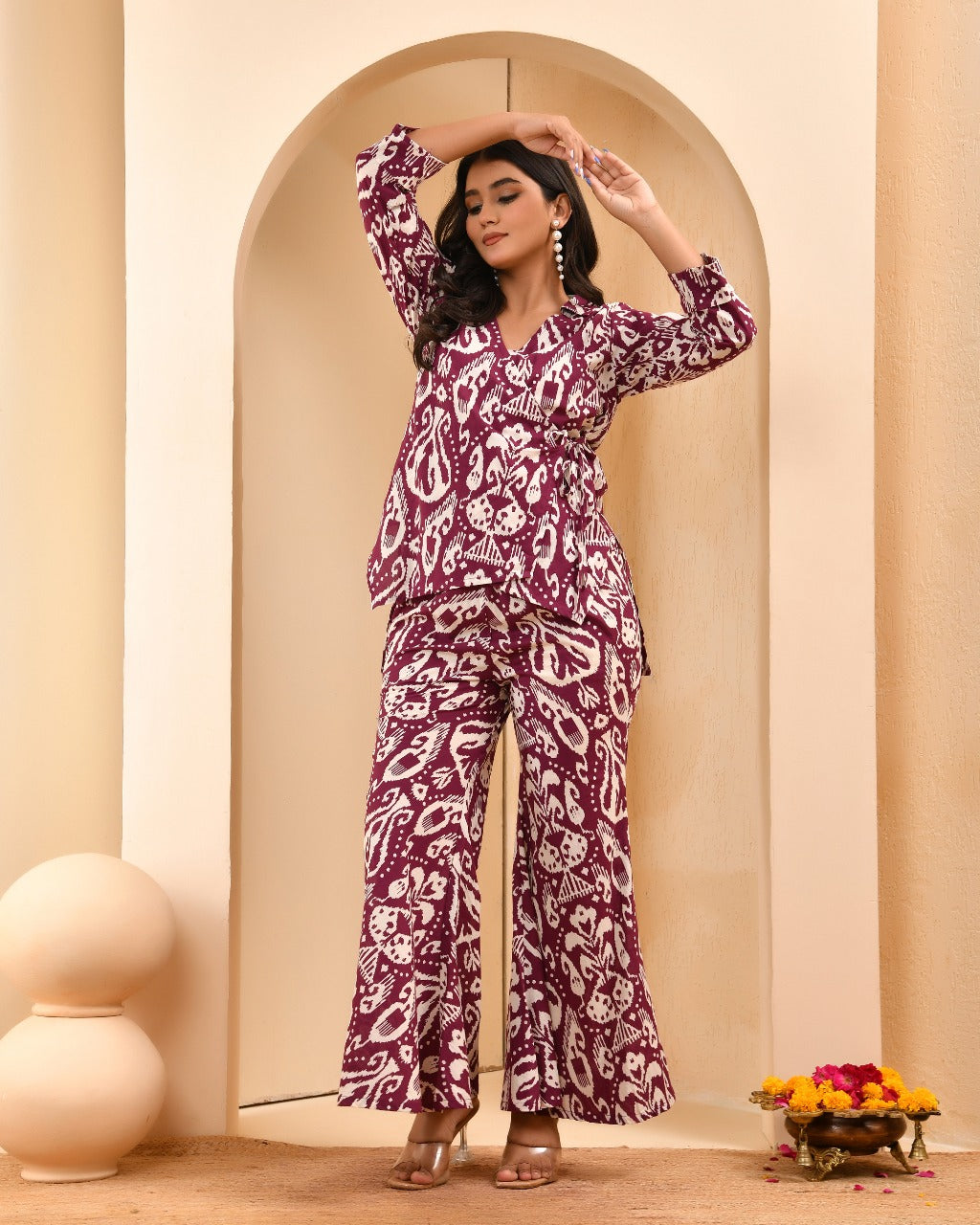Mulberry Maroon Ikat Print Co-ord Set | V-Neck Wrap Tunic with Side Tie