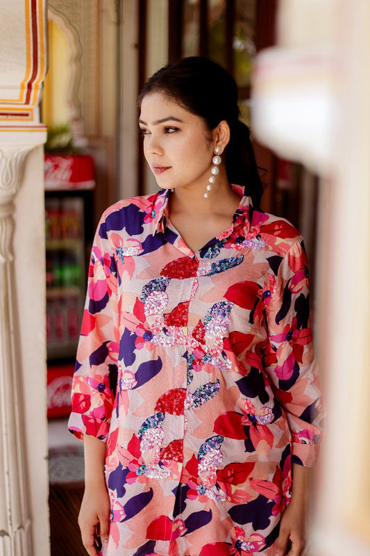 Sunset Poppy Vibrant Co-ord Set – Bold Floral Button-Down Tunic with Matching Flared Trousers