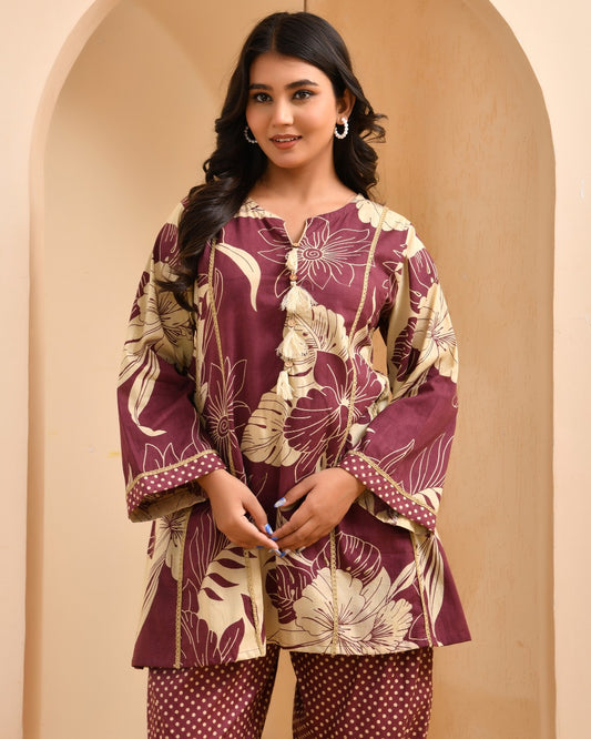 Maroon Bohemian Bloom: 2-Piece Tasseled Floral Co-ord Set
