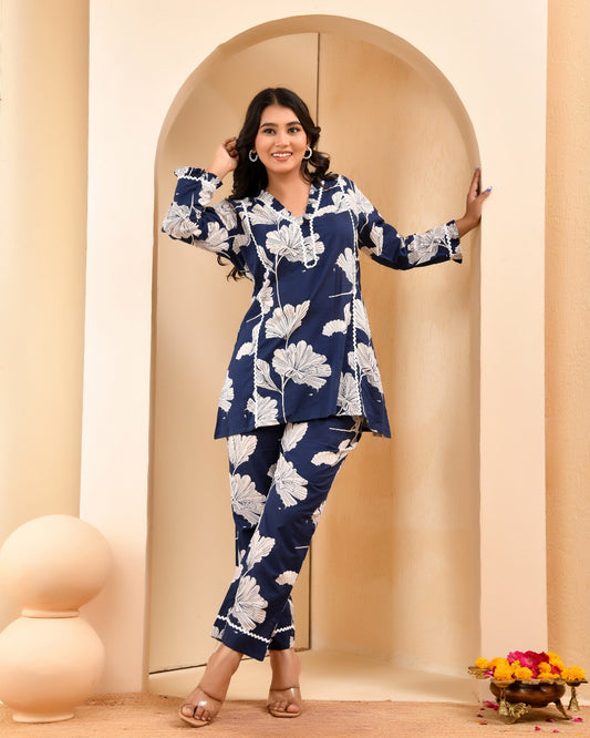 Midnight Bloom: Navy Blue Floral Co-ord Set with Lace Detail | 2-Piece Tunic and Trouser Set