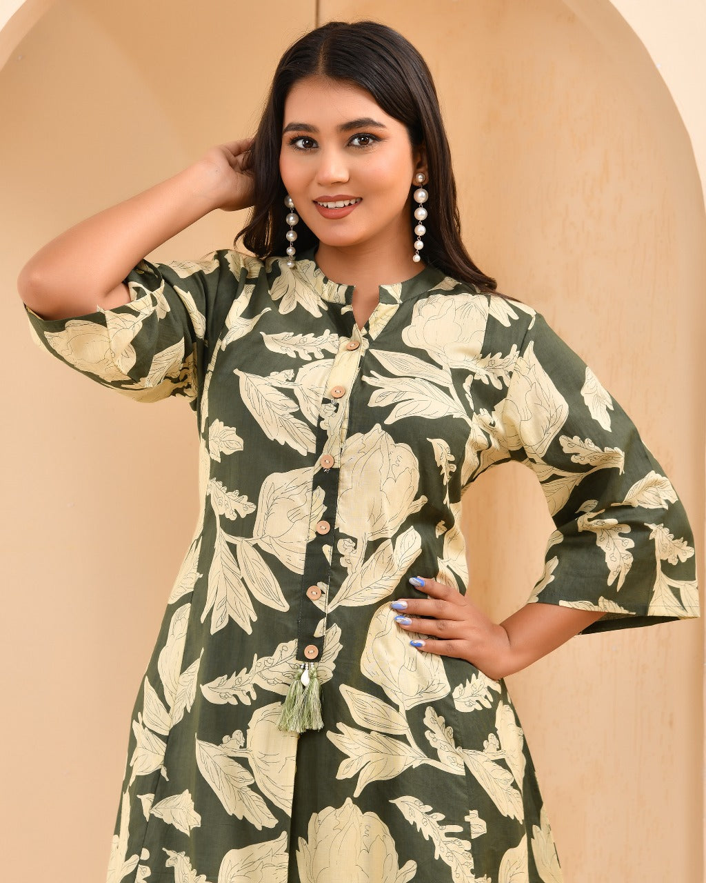 Olive Green Floral Co-ord Set for Women | Tasseled A-Line Tunic & Striped Palazzo Pants