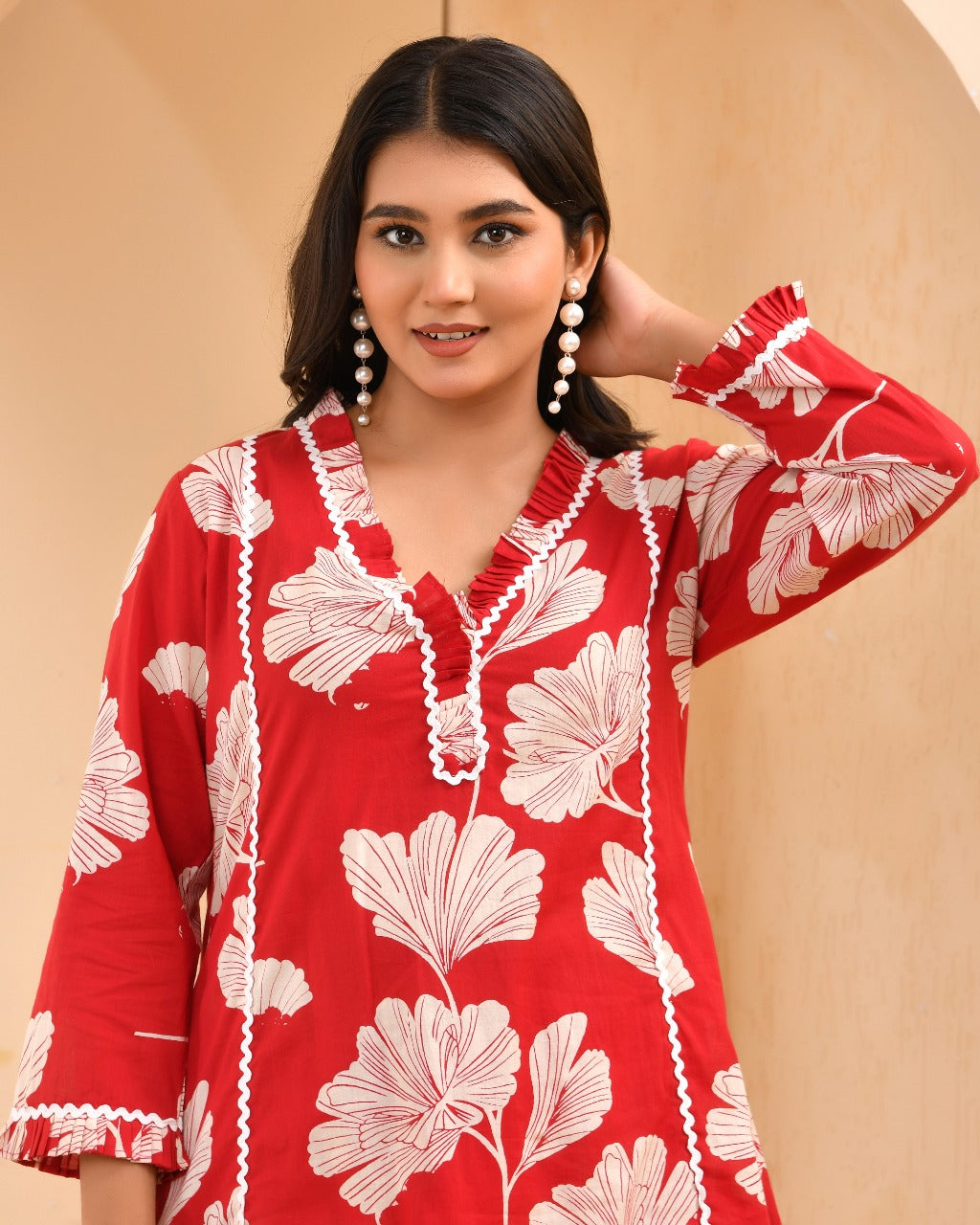 Crimson Red Scalloped Floral Co-ord Set | V-Neck Lace Tunic & Trouser Ensemble