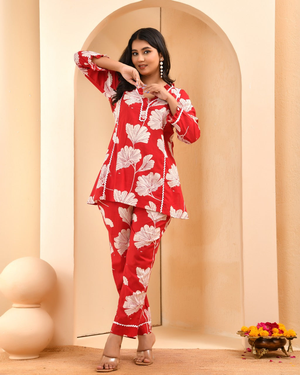 Crimson Red Scalloped Floral Co-ord Set | V-Neck Lace Tunic & Trouser Ensemble