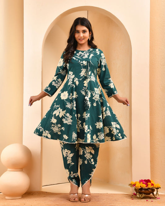 Emerald Green Floral Angrakha Set | Shell-Trimmed Wrap Tunic & Floral Trousers