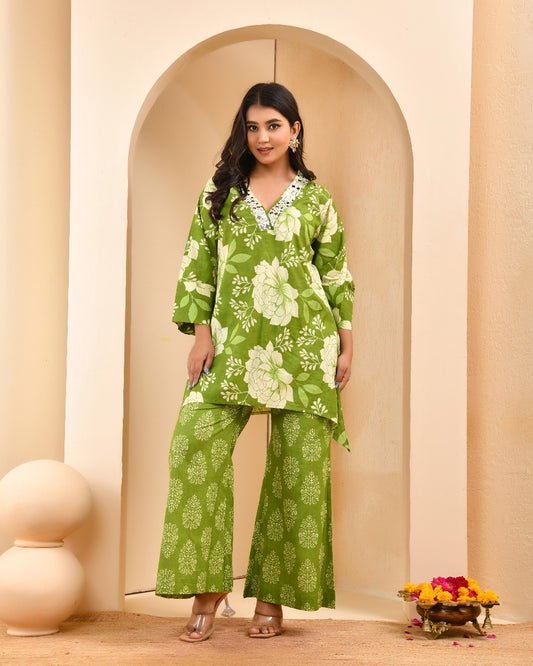 Emerald Green Floral Angrakha Set | Cowrie Shell Trimmed Wrap Tunic & Pants