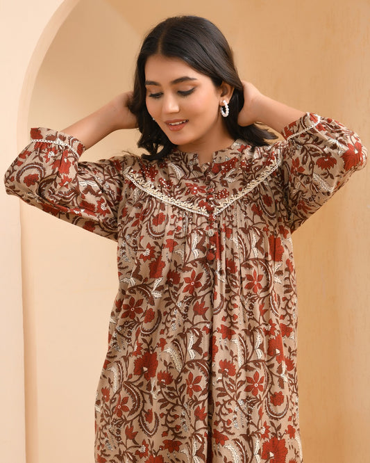 Earthy Brown Floral Print Tunic Set | Embroidered Neckline & White Trousers