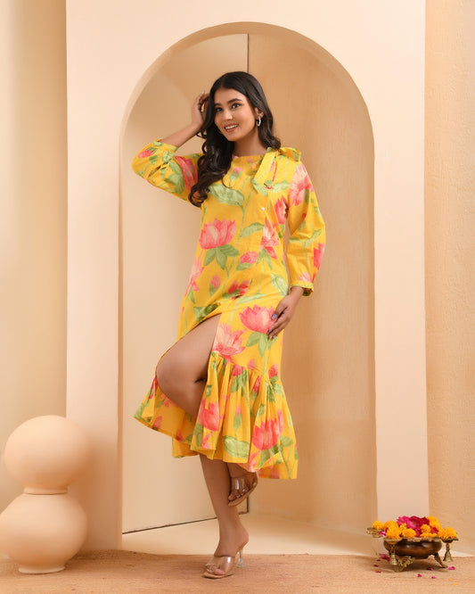 Vibrant Sunshine Lotus Ruffle Midi Dress – Floral Print Cotton Summer Fusion Wear