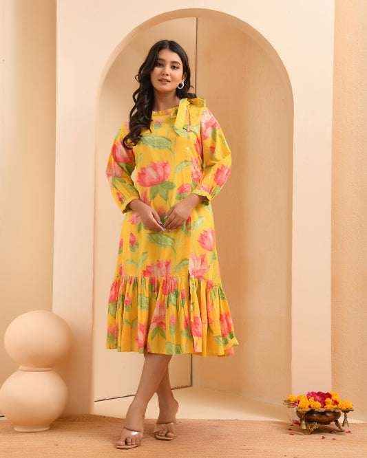 Vibrant Sunshine Lotus Ruffle Midi Dress – Floral Print Cotton Summer Fusion Wear