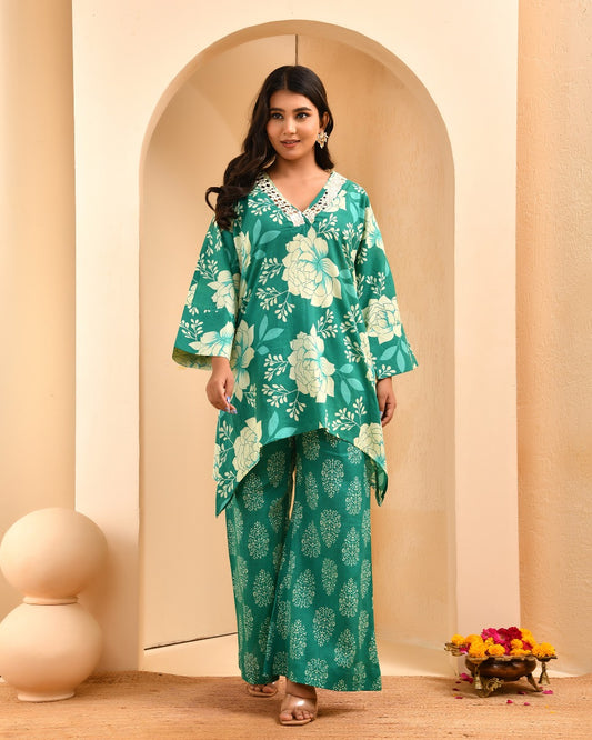 Marigold Bloom Ruffle Midi Dress – Floral Print Cotton Fusion Tunic with Asymmetric Frills