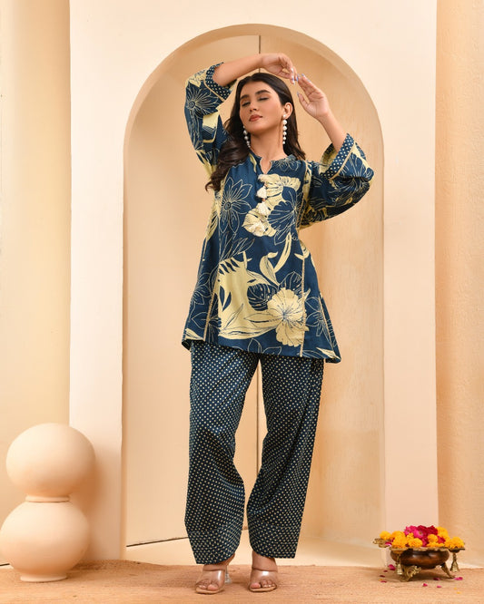 Indigo Midnight Bloom Tunic Set – Hand-Blocked Floral Top with Polka-Dot Trousers