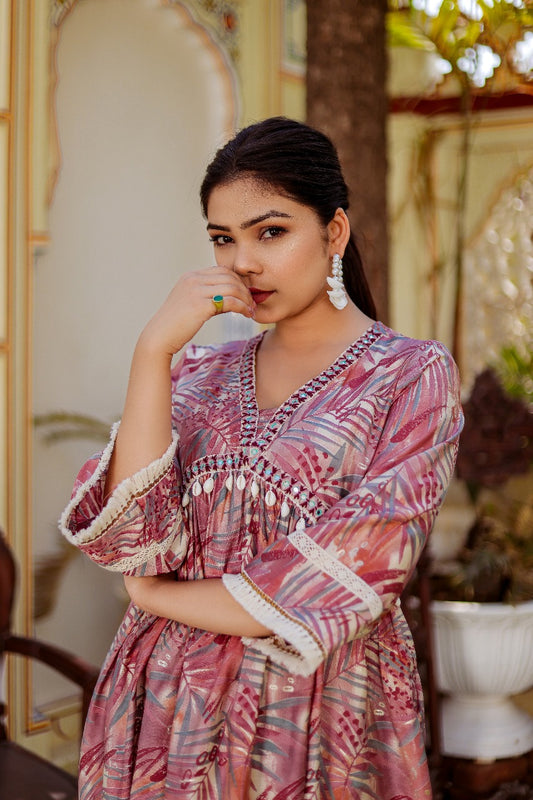 Mauve Tropics Cowrie-Shell Kurta – Bohemian Floral Print Tunic with Mirror Work and Tassel Accents
